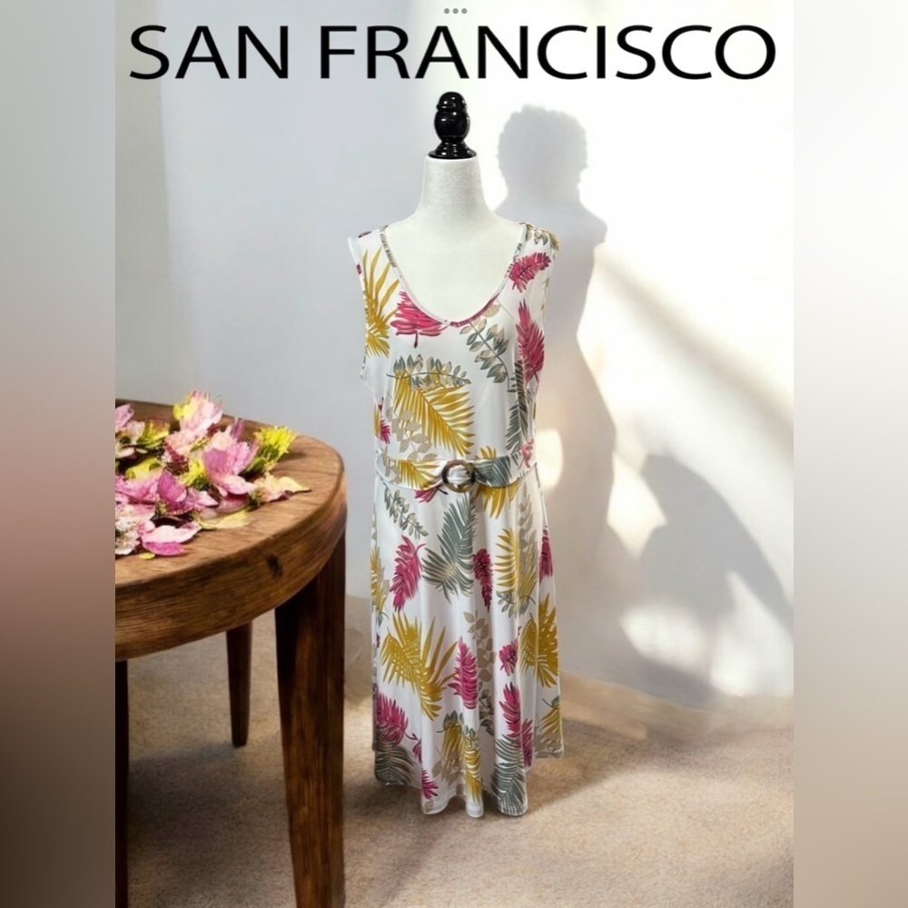 San Francisco, Floral Knee-Length Belted Dress, Large, White, Pink, Yellow 🌸
